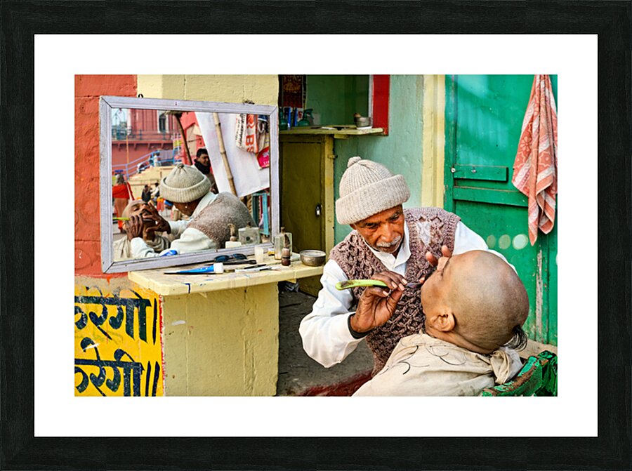 Barber provides shaving service in Varanasi Uttar Pradesh Picture Frame print