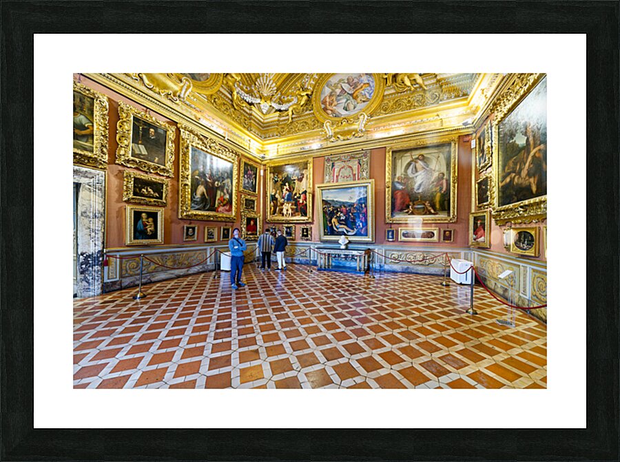 Visitors explore the Palatine Gallery inside Palazzo Pitti in Fl Picture Frame print
