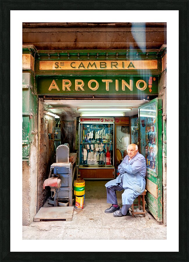 Grinder street shop in Palermo Sicily with shopkeeper Picture Frame print