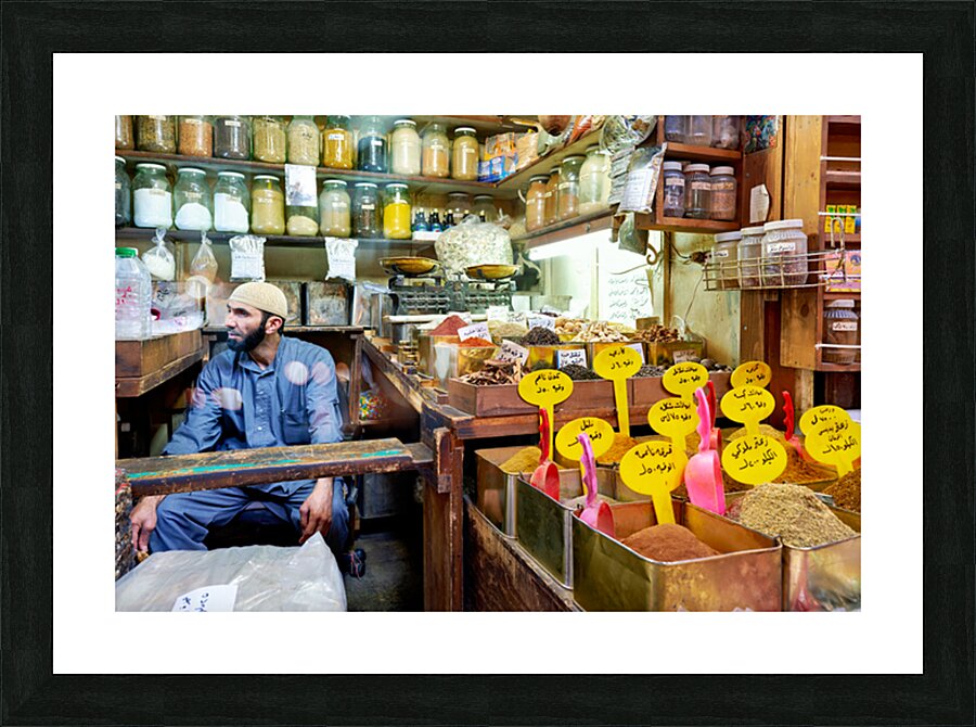 Market scene in Al Hamidiyah Souq showing spices and vendor in S Picture Frame print