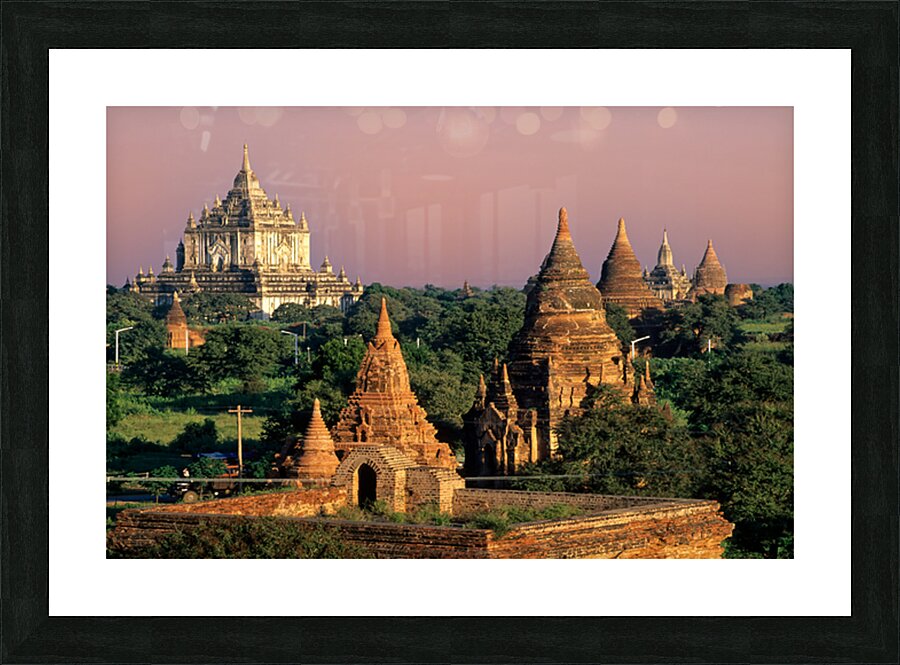 Temples in Bagan during sunset with ancient architecture visible Picture Frame print