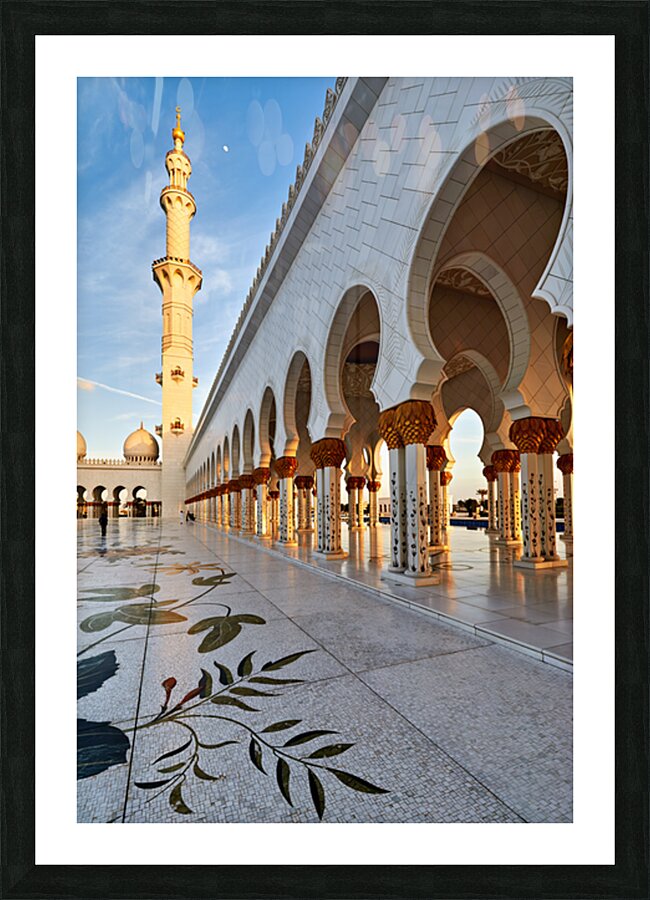 Visit to Sheikh Zayed Grand Mosque in Abu Dhabi at sunset Picture Frame print