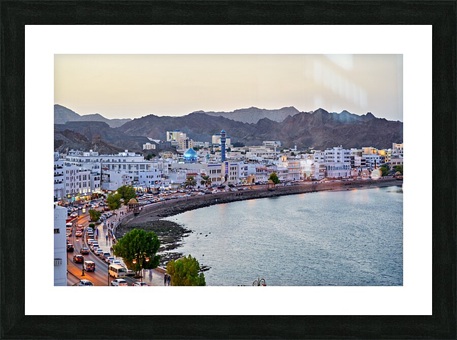 Waterfront cityscape view of Muscat Oman at dusk Picture Frame print