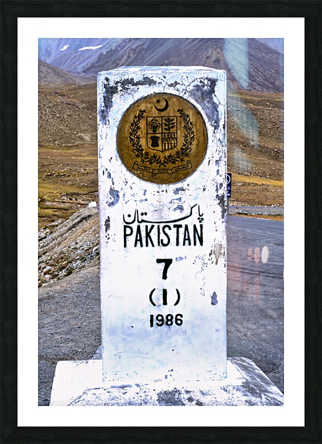Distance marker showing 7 kilometers to Pakistan on road in 1986 Picture Frame print