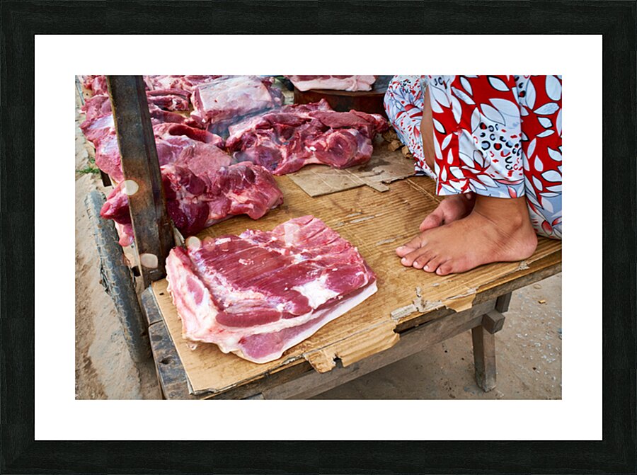 Fresh meat vendor in Phu Quoc market during daytime Picture Frame print