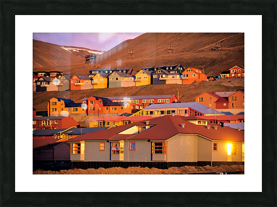 Colorful buildings in Longyearbyen Svalbard at sunset Picture Frame print