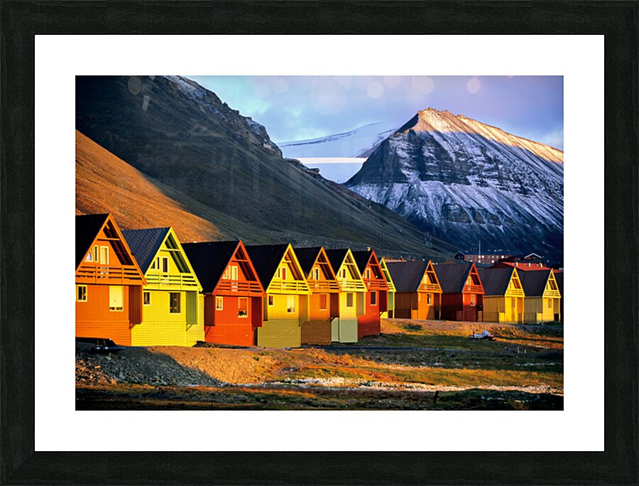 Colorful houses in Longyearbyen Svalbard during sunset Picture Frame print