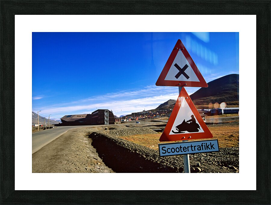 Danger sign for snowmobile traffic in Longyearbyen area Picture Frame print
