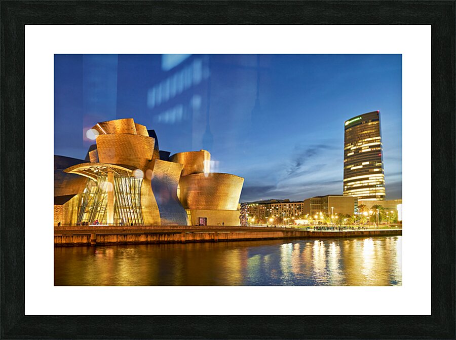 Guggenheim Museum and skyline of Bilbao at night Picture Frame print