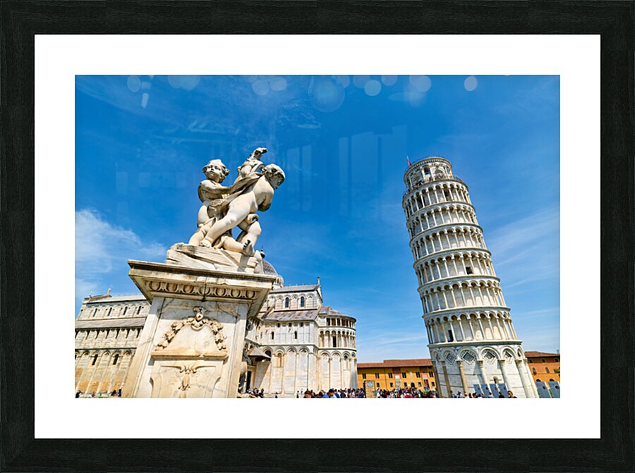Visitors watch the Leaning Tower and the fountain of angels in Piazza dei Miracoli. Bright sky adds to the lively atmosphere in Pisa. Picture Frame print