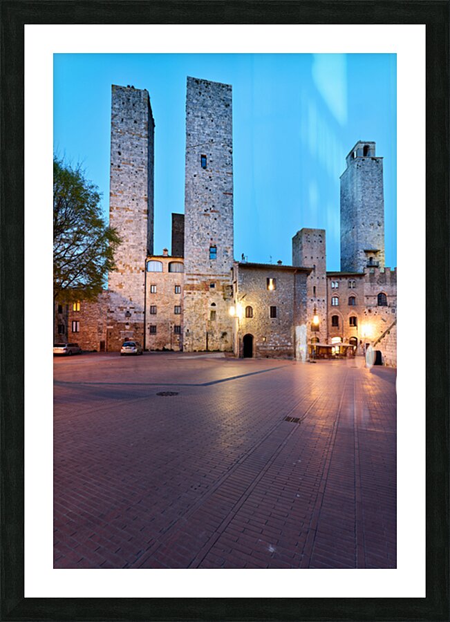 Piazza del Duomo in San Gimignano at sunset in Tuscany Italy Picture Frame print