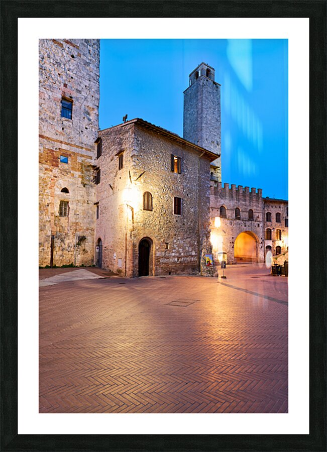 Sunset view of Piazza del Duomo in San Gimignano Tuscany Picture Frame print