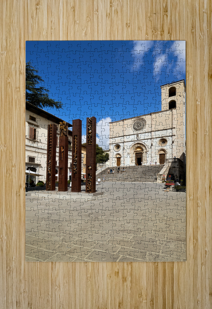 Todi Umbria Italy. Concattedrale della Santissima Annunziata. Cathedral. Piazza del Popolo. The statue Quattro Stele by Arnaldo Pomodoro Marco Brivio Puzzle printing