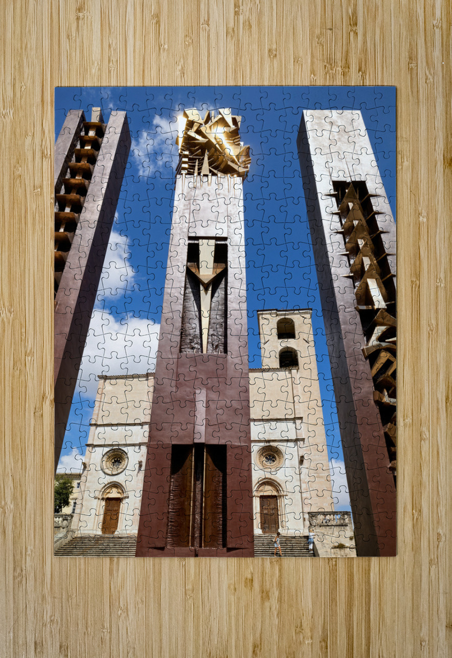 Todi Umbria Italy. Concattedrale della Santissima Annunziata. Cathedral. Piazza del Popolo. The statue Quattro Stele by Arnaldo Pomodoro Marco Brivio Puzzle printing
