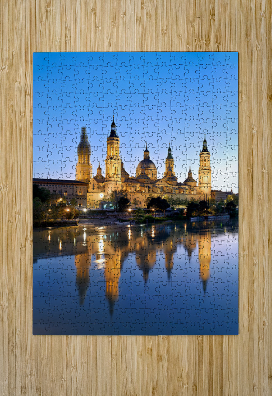 Zaragoza. Saragossa. Aragon. Spain. Cathedral Basilica of Our Lady of the Pillar and river Ebro at sunset Marco Brivio Puzzle printing