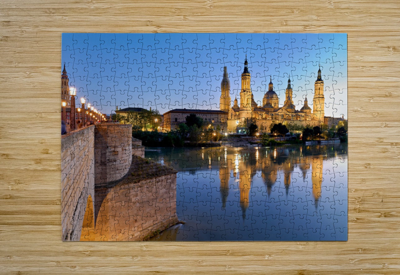 Zaragoza. Saragossa. Aragon. Spain. Cathedral Basilica of Our Lady of the Pillar and river Ebro at sunset Marco Brivio Puzzle printing