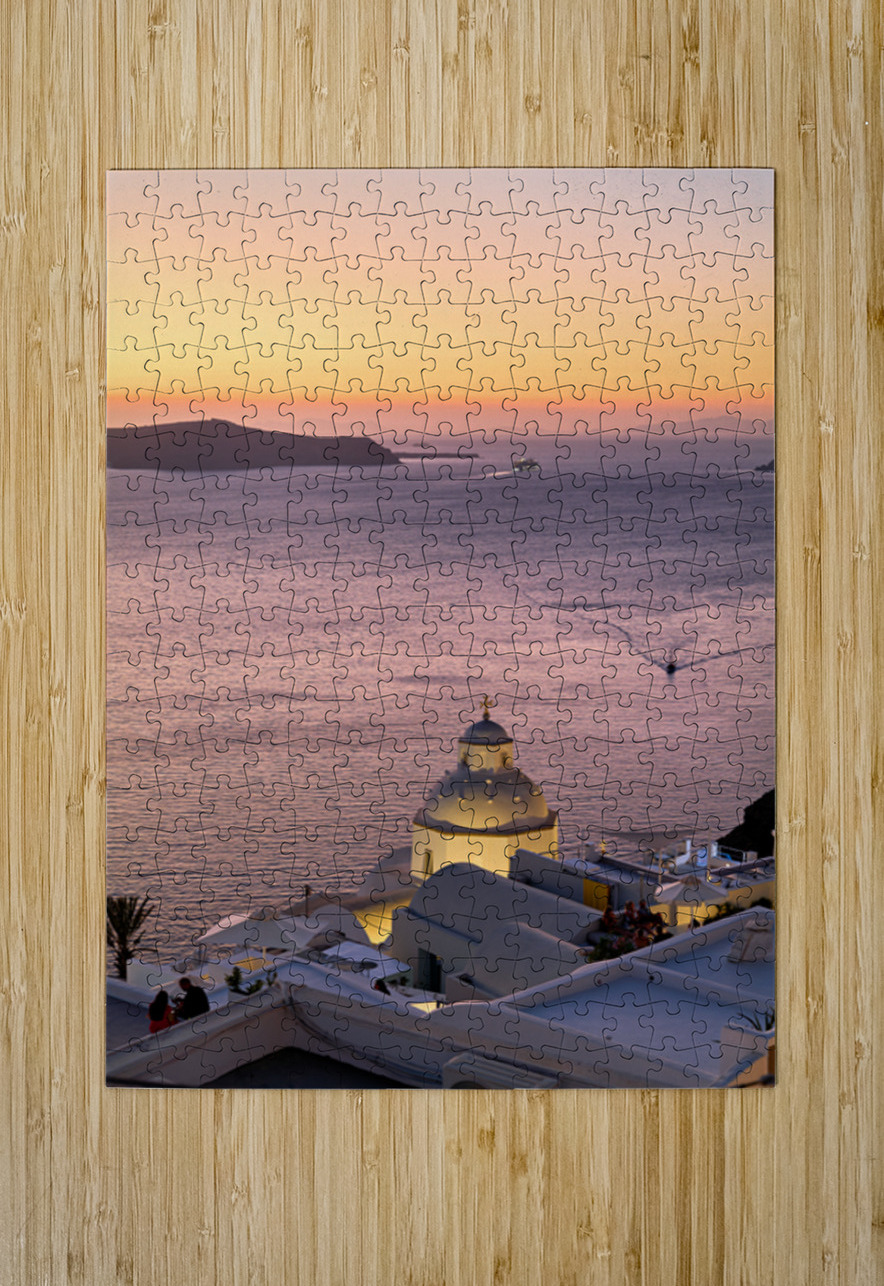 Sunset over Santorini caldera with church and boats. Marco Brivio Puzzle printing
