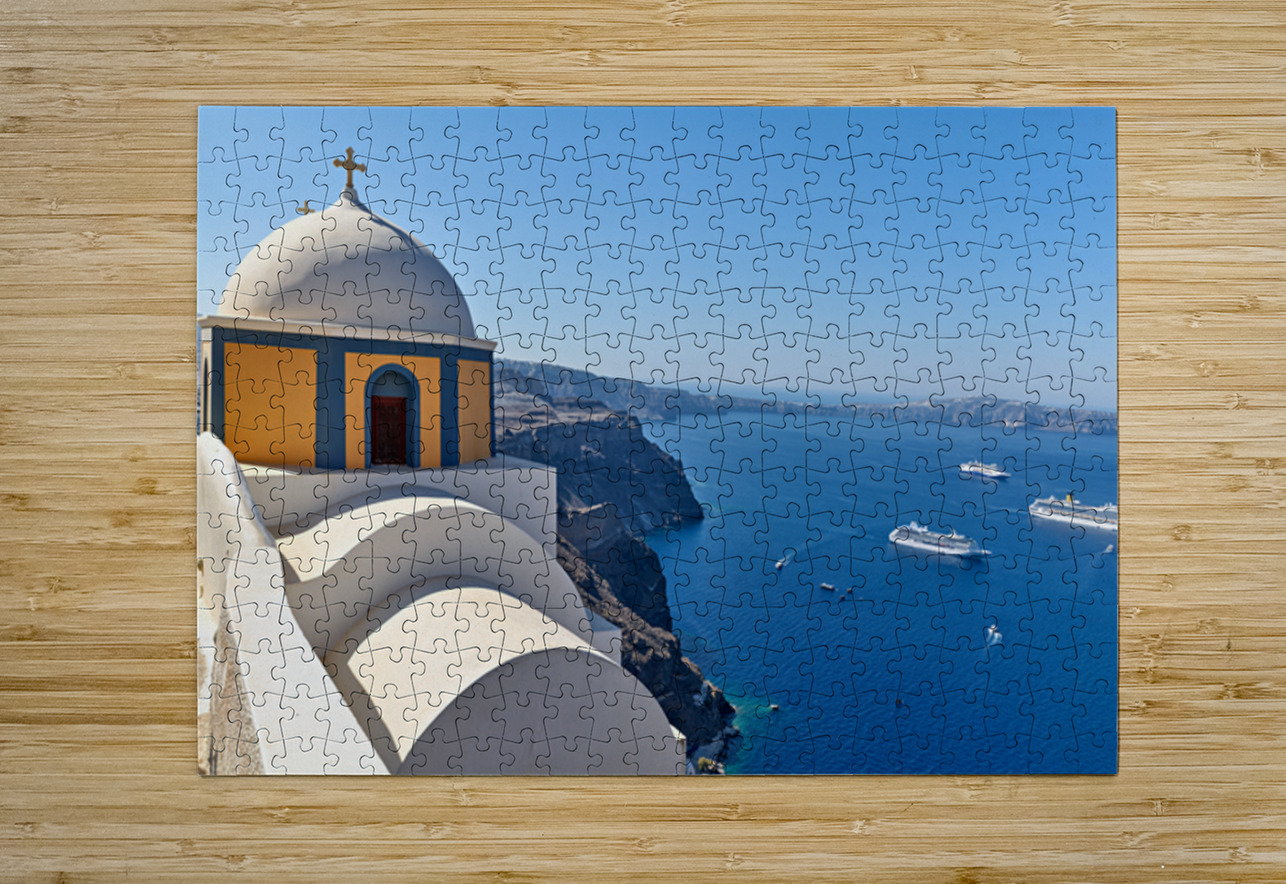 Santorinis iconic church and caldera with ships. Marco Brivio Puzzle printing