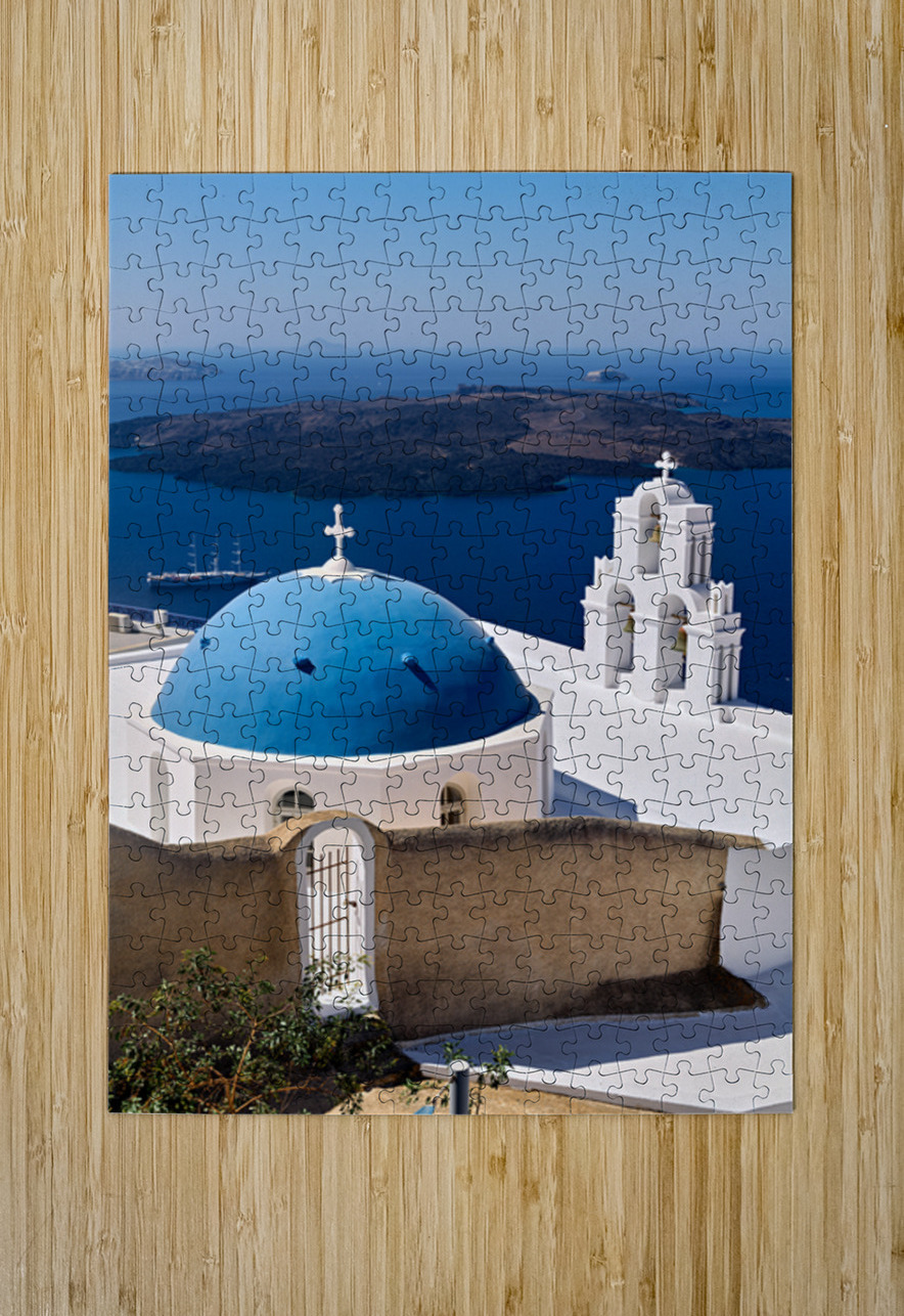 Santorinis iconic blue dome church and caldera seascape. Marco Brivio Puzzle printing