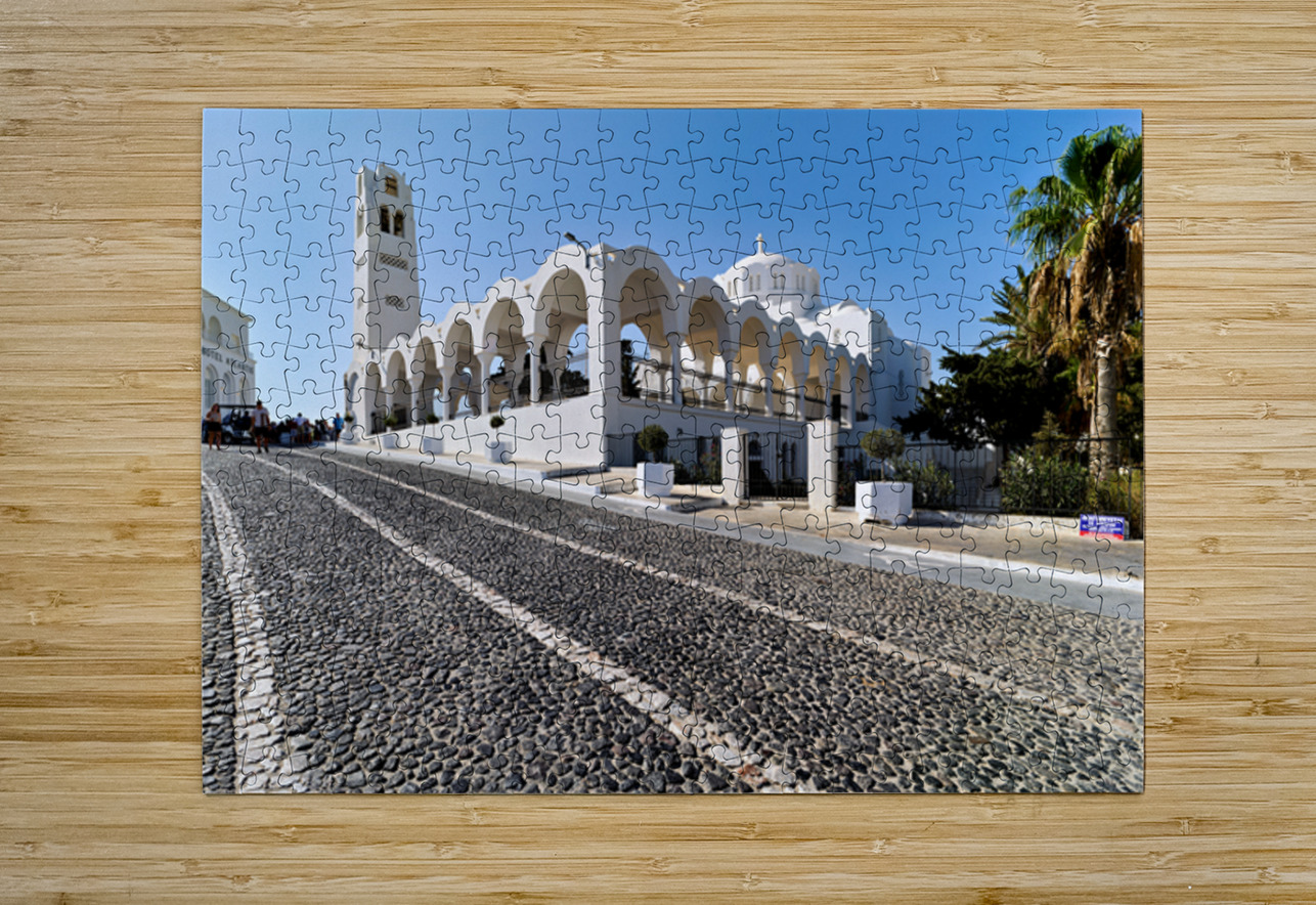 Beautiful white church and cobblestone street in sunny Santorini Marco Brivio Puzzle printing
