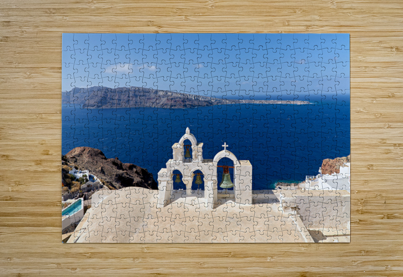 Iconic Santorini bell tower overlooking the caldera and Aegean S Marco Brivio Puzzle printing