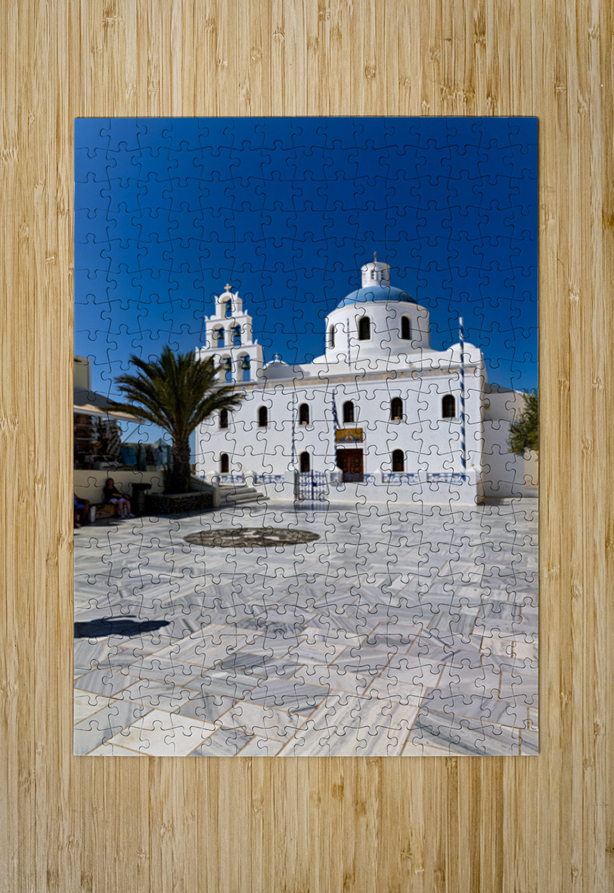 White Greek church with blue dome bell tower and marble courty Marco Brivio Puzzle printing