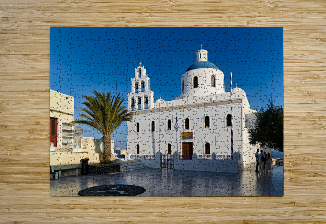 Beautiful white church blue dome palm tree clear sky. Marco Brivio Puzzle printing