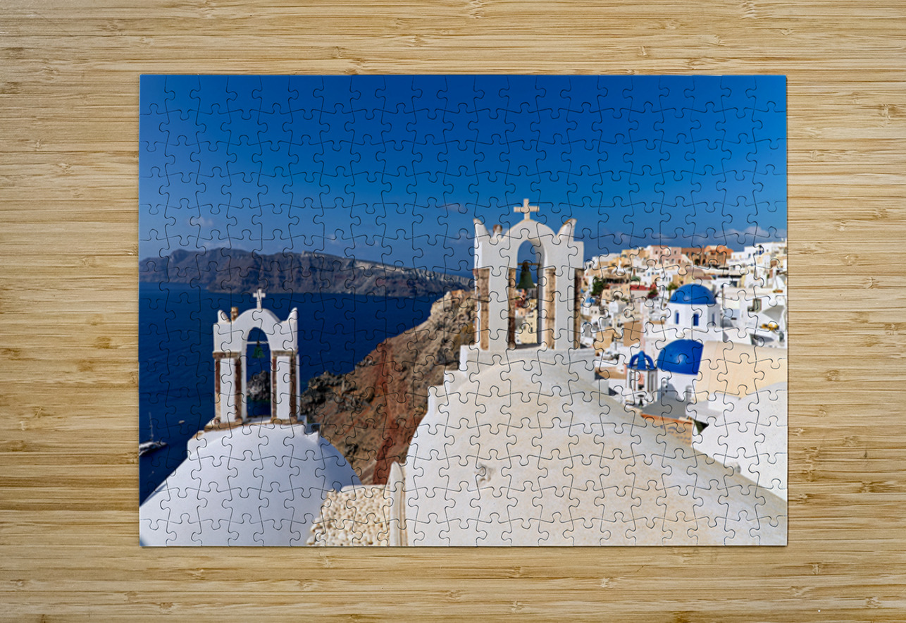 Santorinis iconic white churches blue domes and caldera view. Marco Brivio Puzzle printing