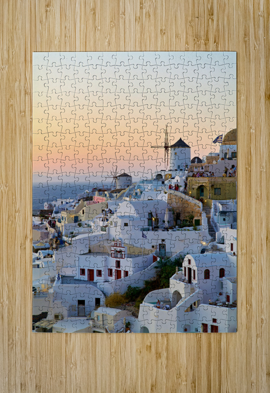 Oia Santorini: White buildings windmills and sunset over the  Marco Brivio Puzzle printing