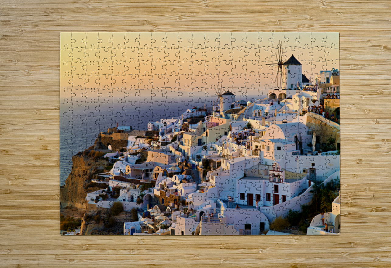 Santorini village at sunset with windmills overlooking the Aegea Marco Brivio Puzzle printing