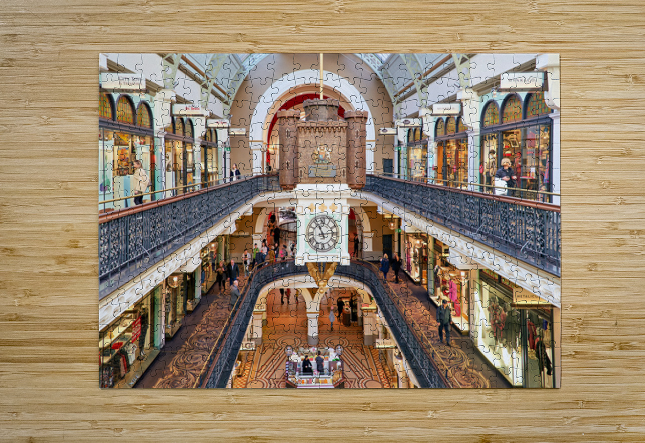 Elegant Victorian shopping arcade with clock tower and shoppers. Marco Brivio Puzzle printing