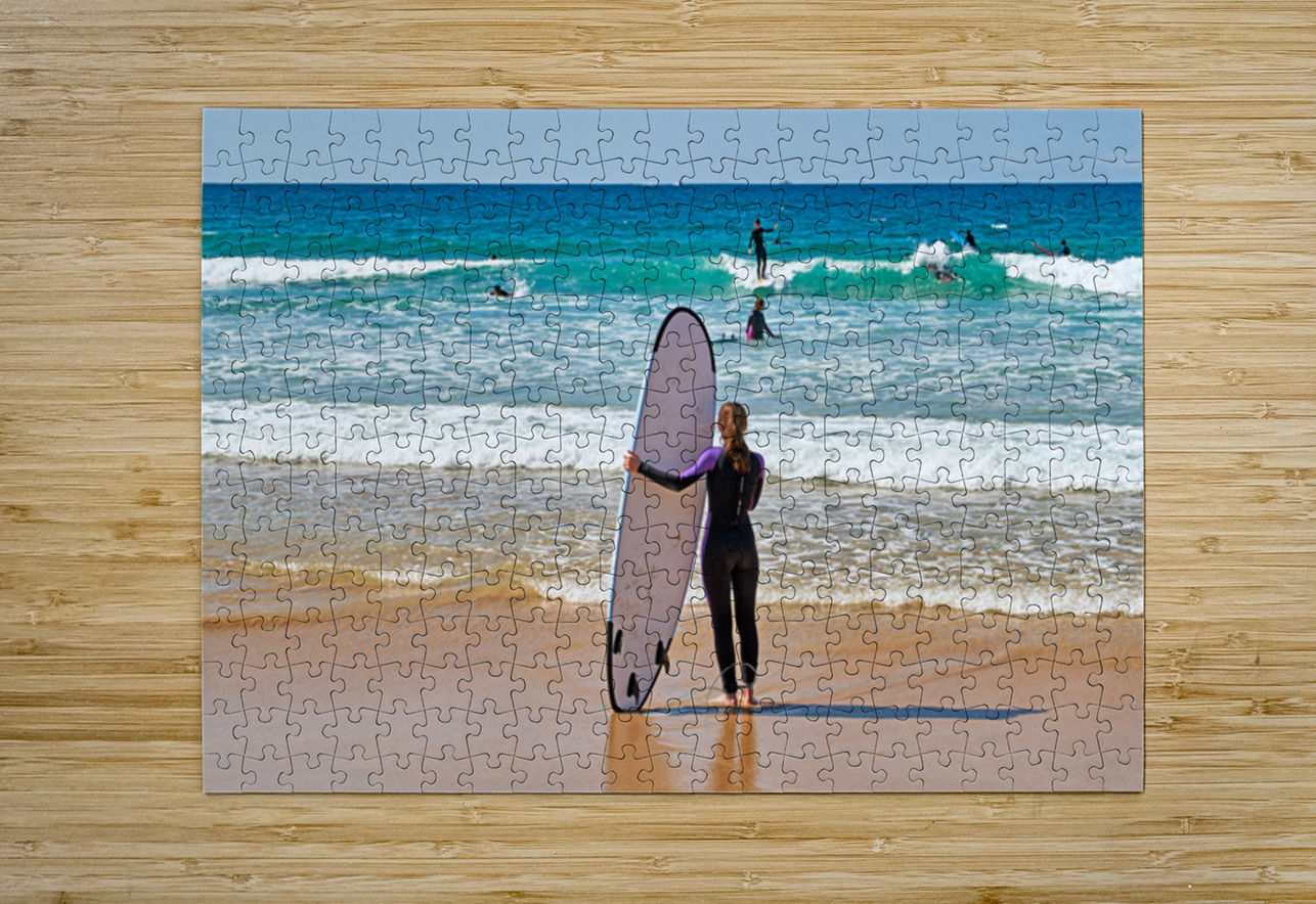 Surfer girl with surfboard on beach watching waves Marco Brivio Puzzle printing