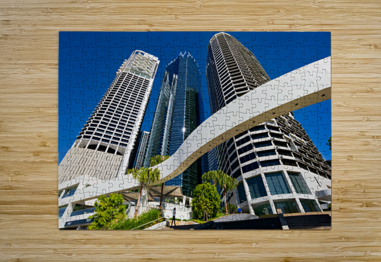Woman walks on stairs in modern urban area with tall buildings Marco Brivio Puzzle printing