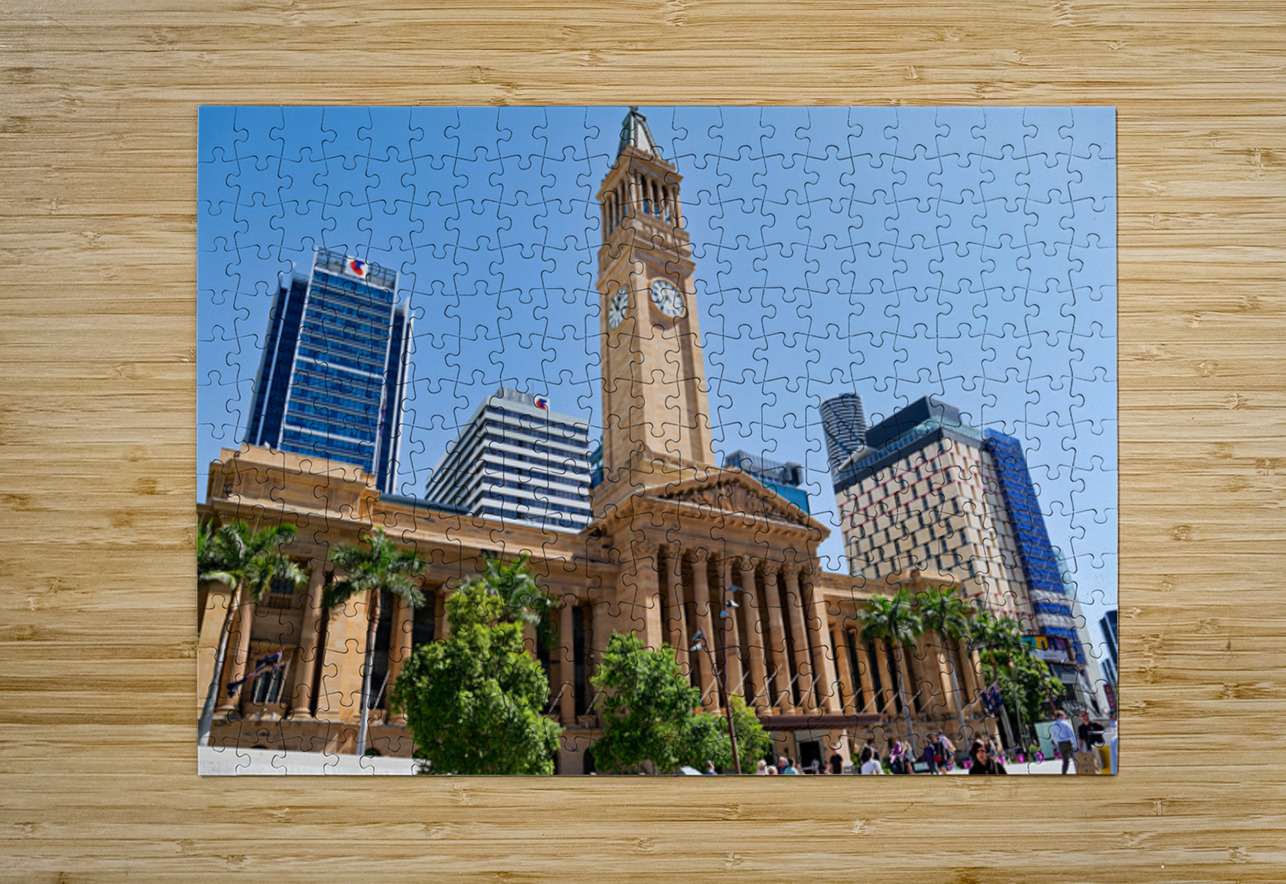 Brisbane City Hall with modern buildings and palm trees. Marco Brivio Puzzle printing