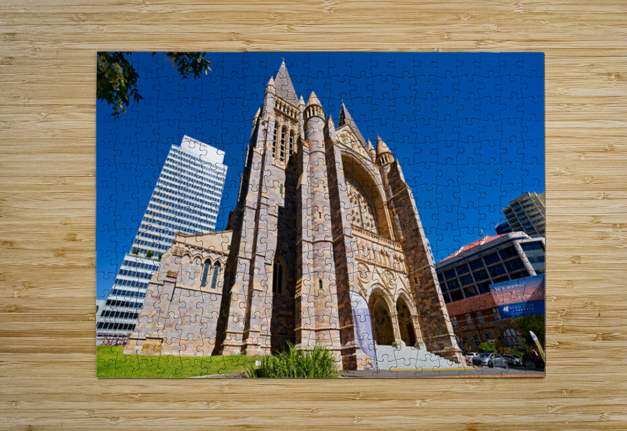 Historic church stands tall next to modern skyscrapers. Marco Brivio Puzzle printing