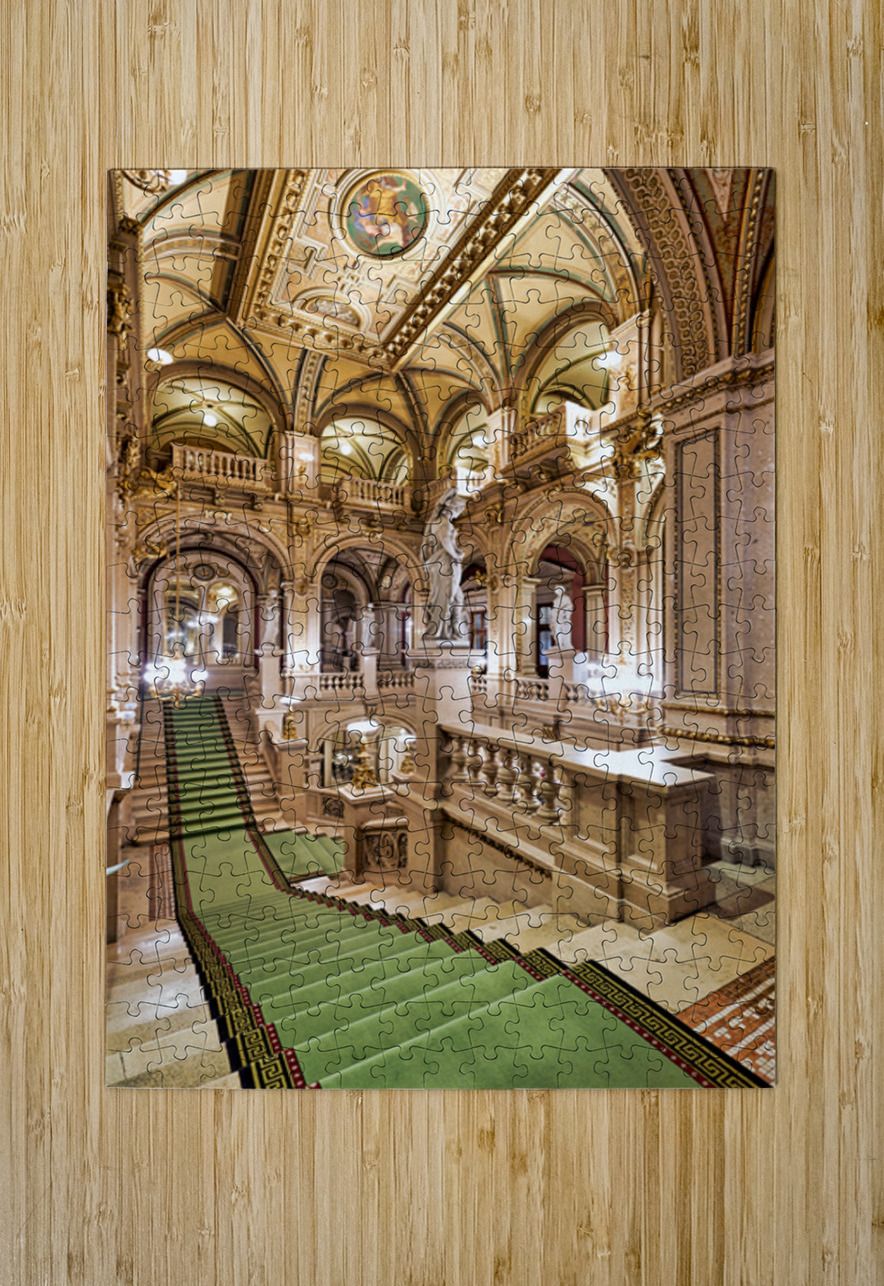 Ornate grand staircase with green carpet and classical statues. Marco Brivio Puzzle printing