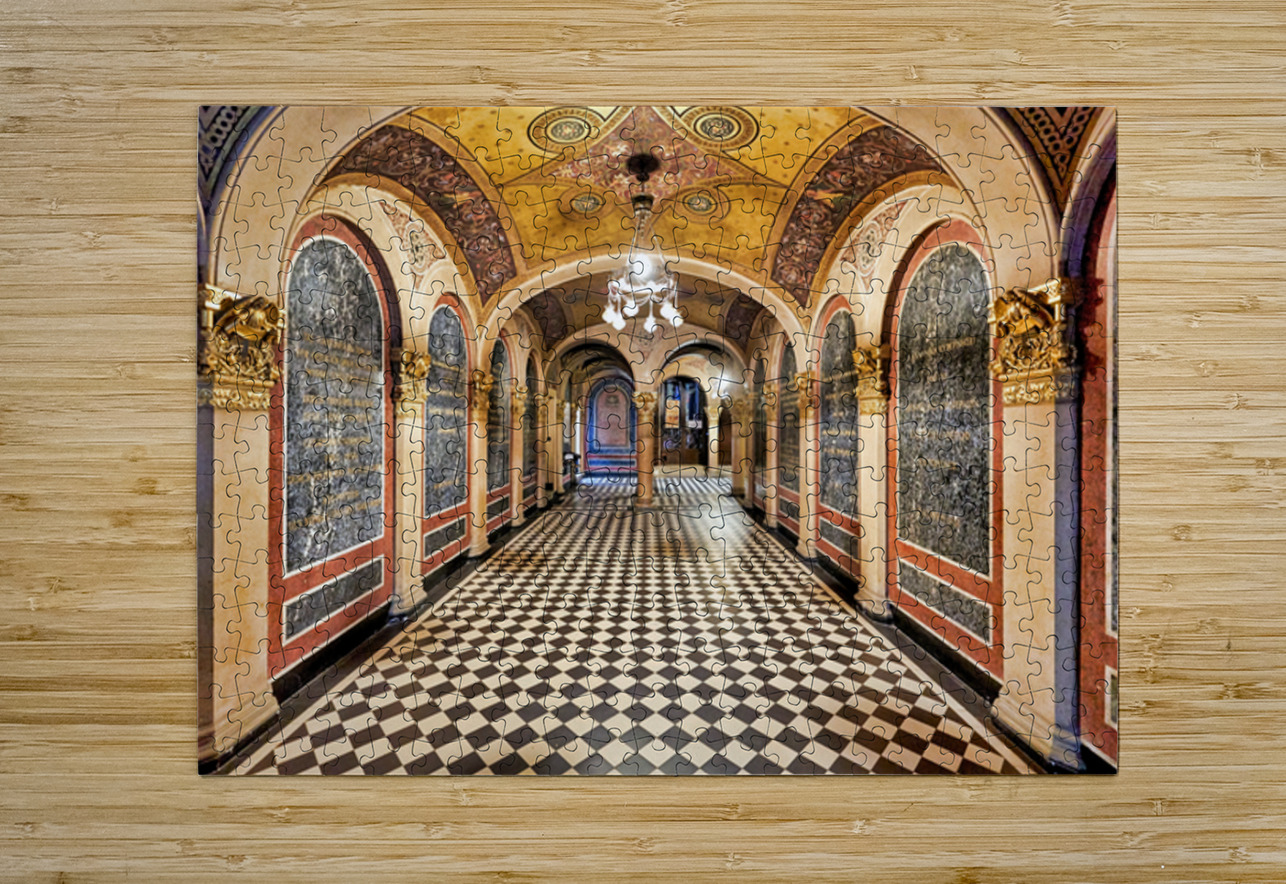 Historic church corridor with ornate arches and checkered floor. Marco Brivio Puzzle printing