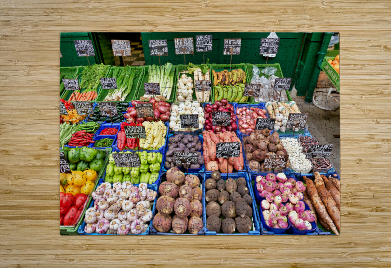 Colorful fresh vegetables and fruits displayed at a market stall Marco Brivio Puzzle printing