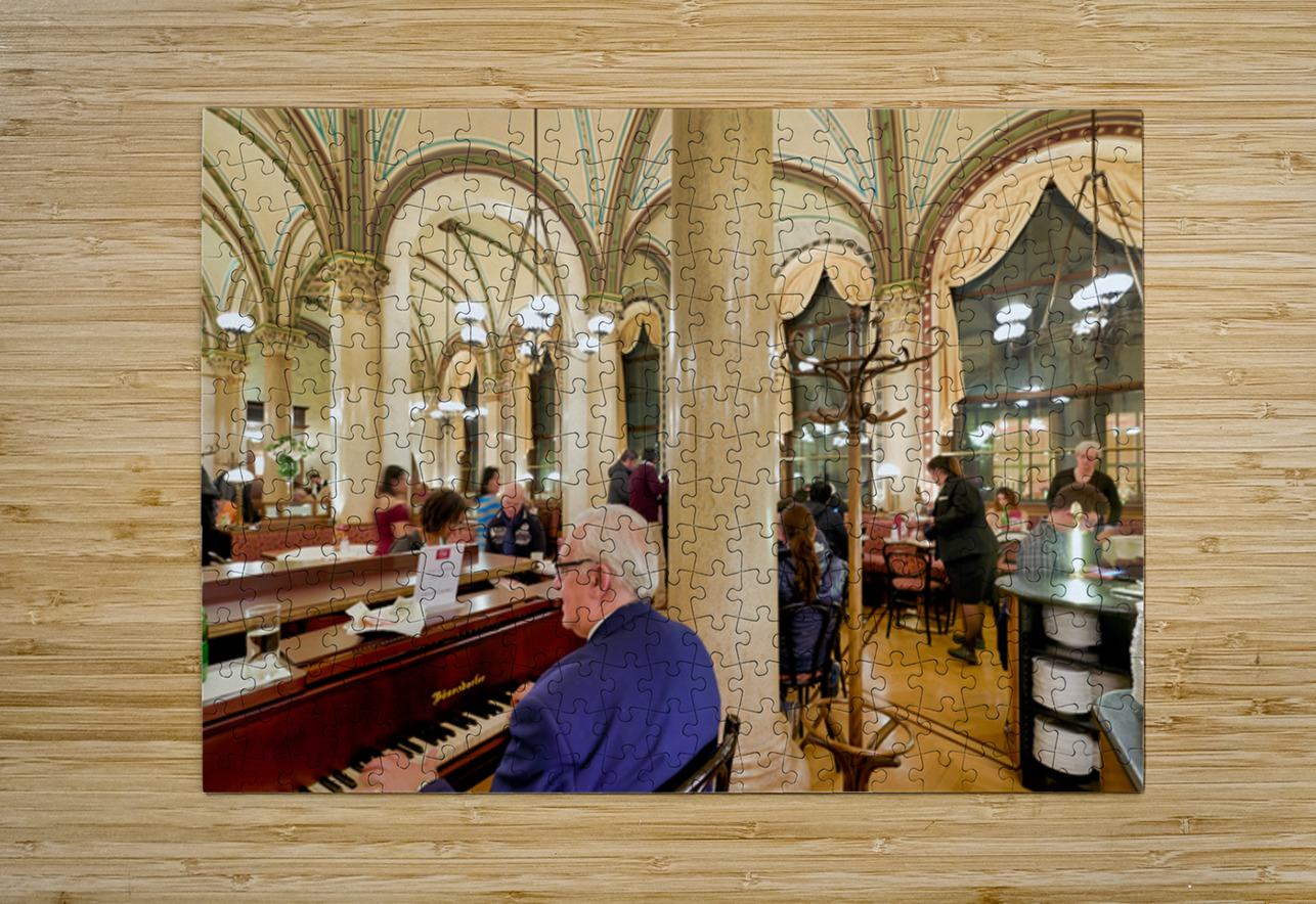 Man playing piano in an ornate bustling cafe. Marco Brivio Puzzle printing