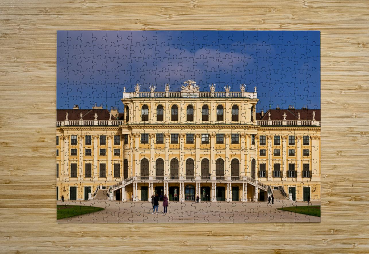 Ornate yellow palace facade with people and blue sky. Marco Brivio Puzzle printing