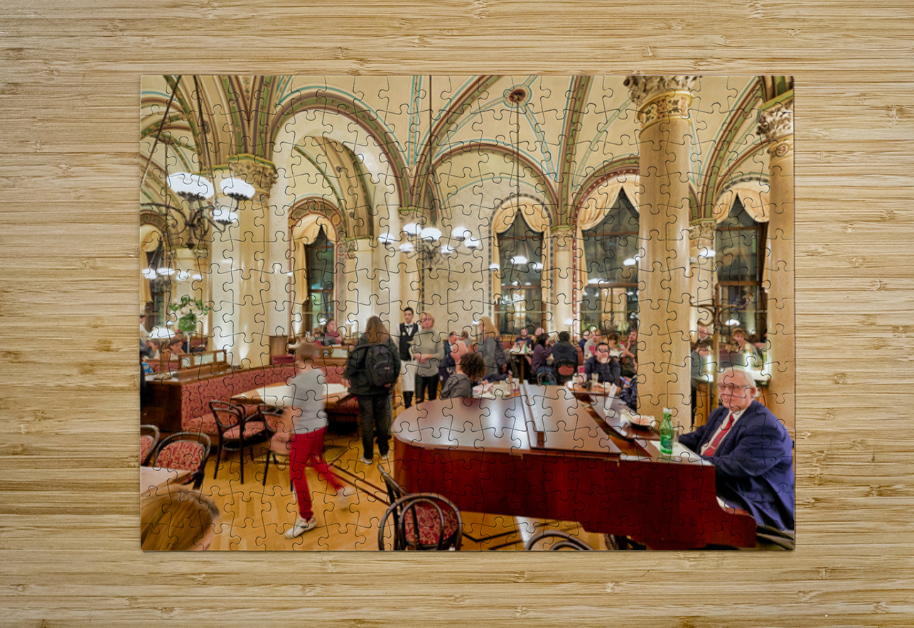 Ornate cafe interior bustling with people and a grand piano. Marco Brivio Puzzle printing