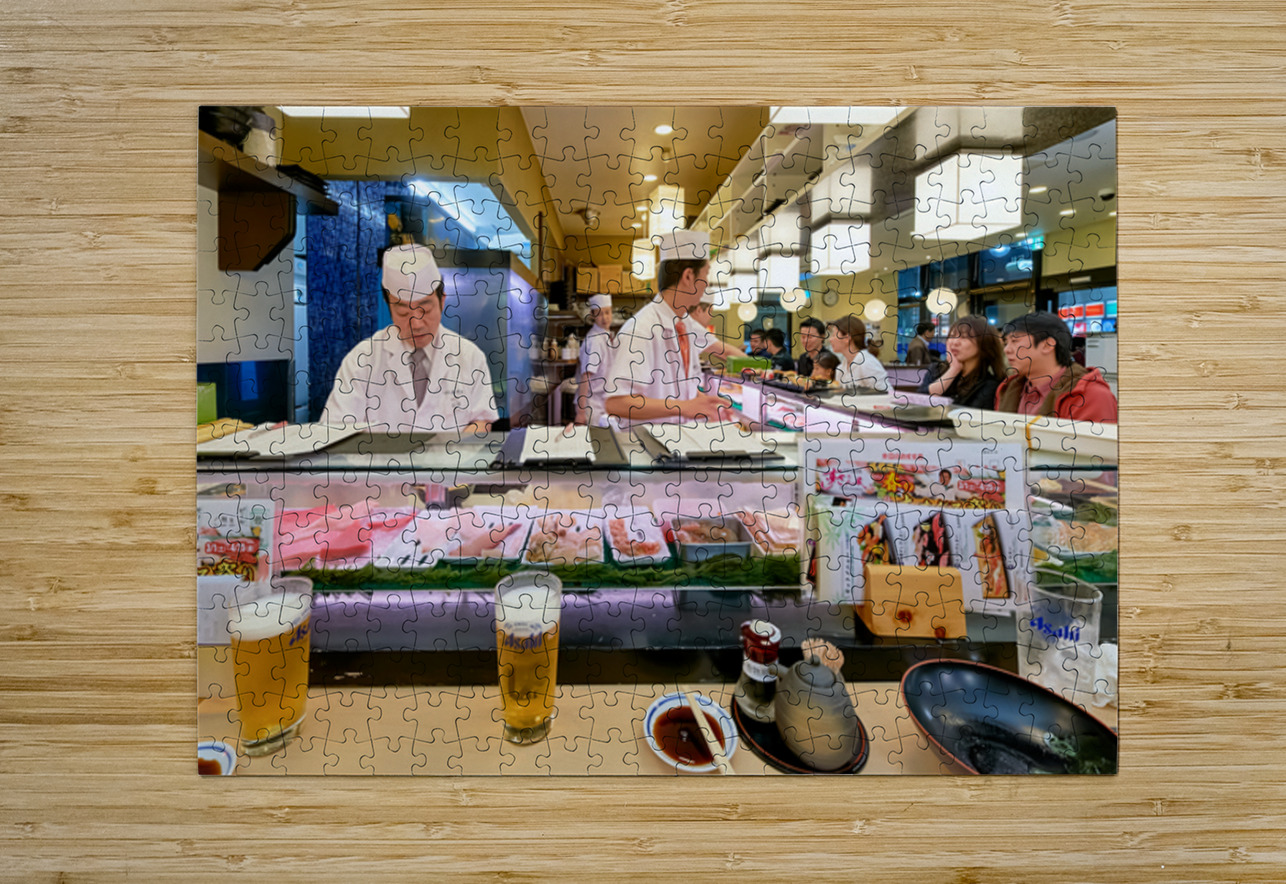 Sushi bar in Shibuya district with chefs and guests enjoying mea Marco Brivio Puzzle printing