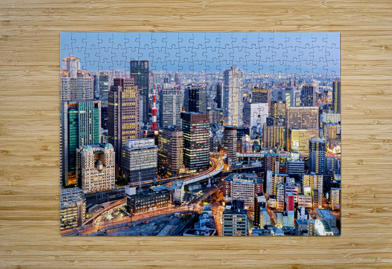 Osaka business district at dusk with city lights and buildings Marco Brivio Puzzle printing