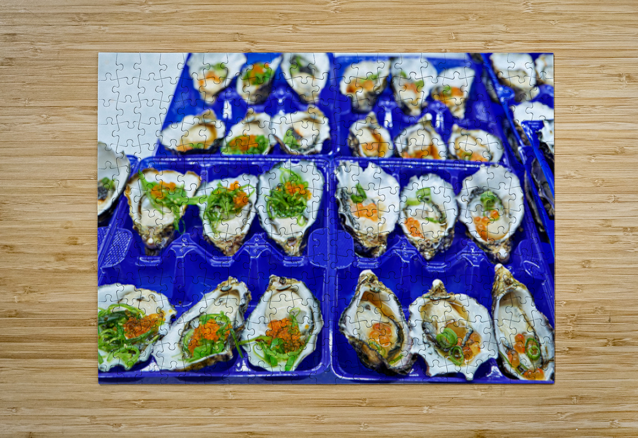 Fresh oysters with garnishes in blue trays. Marco Brivio Puzzle printing