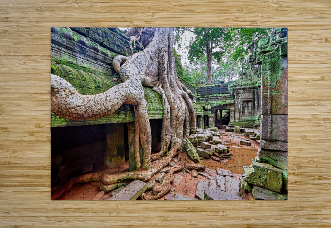 Massive tree roots engulfing ancient moss covered temple ruins. Marco Brivio Puzzle printing