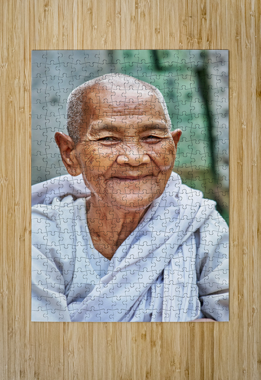 Smiling elderly Asian woman in white robe. Marco Brivio Puzzle printing