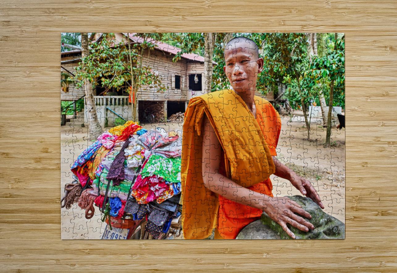 Monk with colorful textiles on a motorcycle. Marco Brivio Puzzle printing