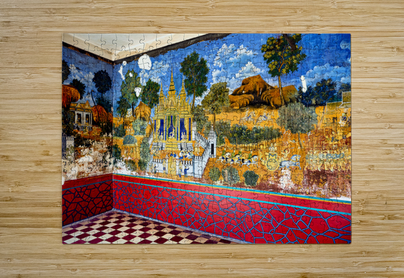 Vibrant aged mural depicting traditional temple scenes with peo Marco Brivio Puzzle printing