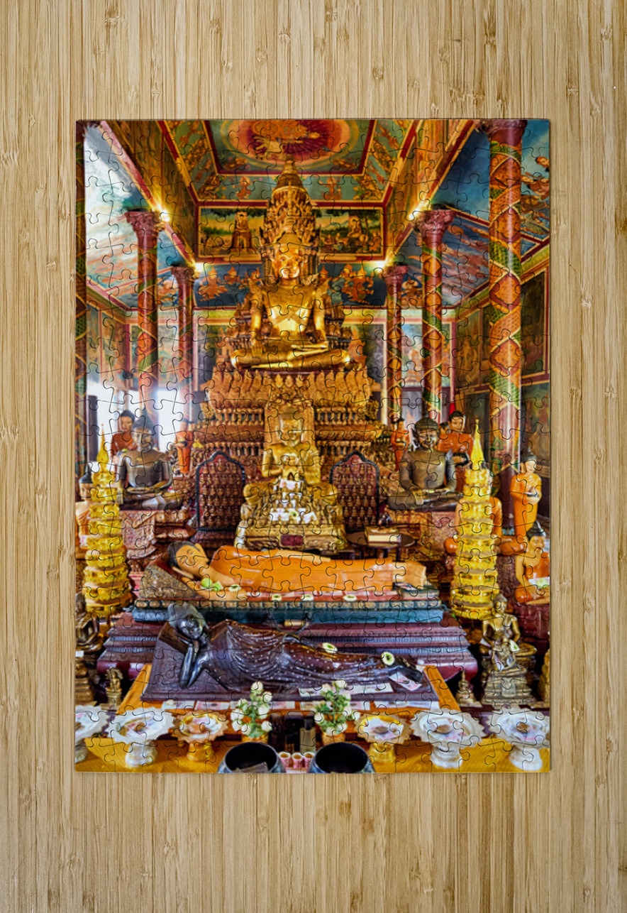 Golden Buddha statues and offerings in an ornate temple. Marco Brivio Puzzle printing