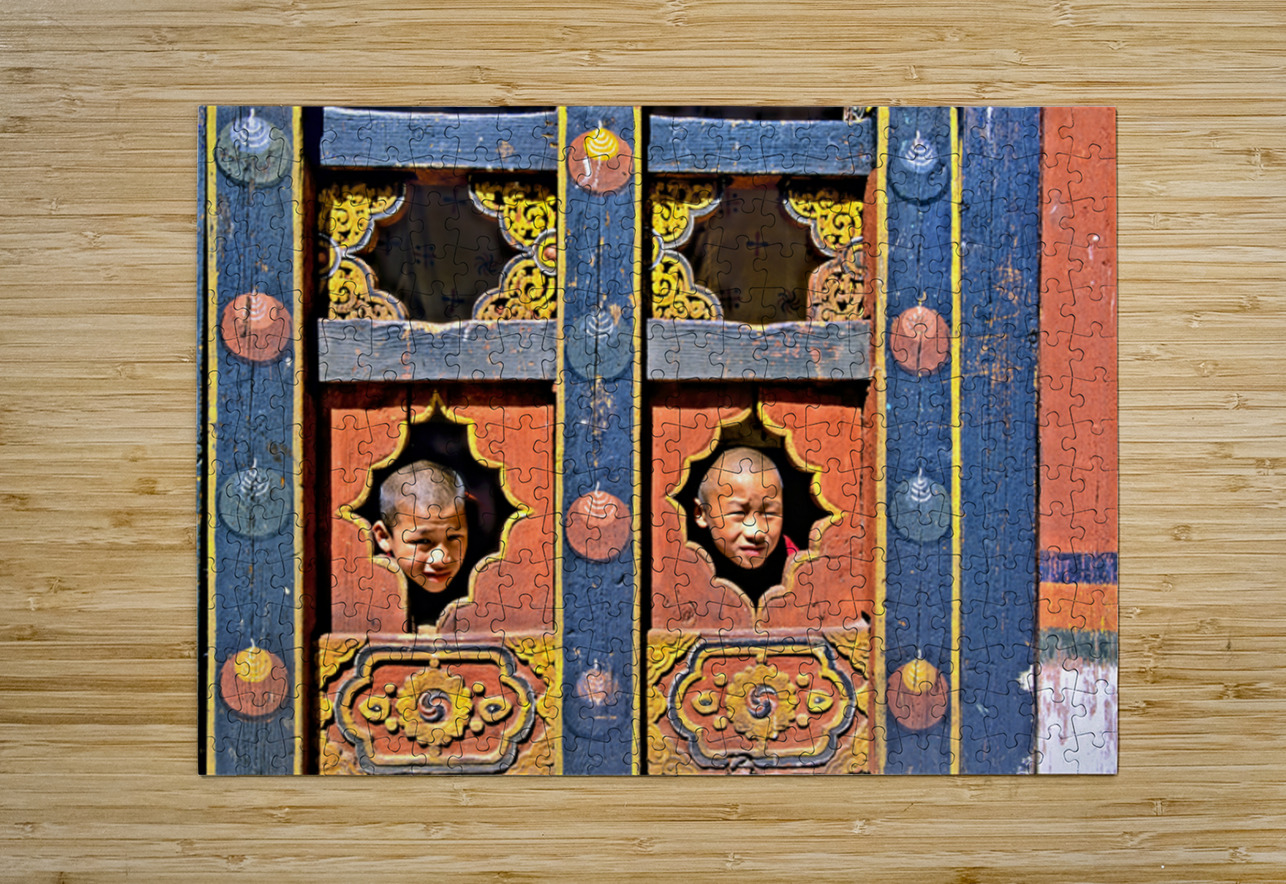 Young monks peeking from decorative colorful windows. Marco Brivio Puzzle printing